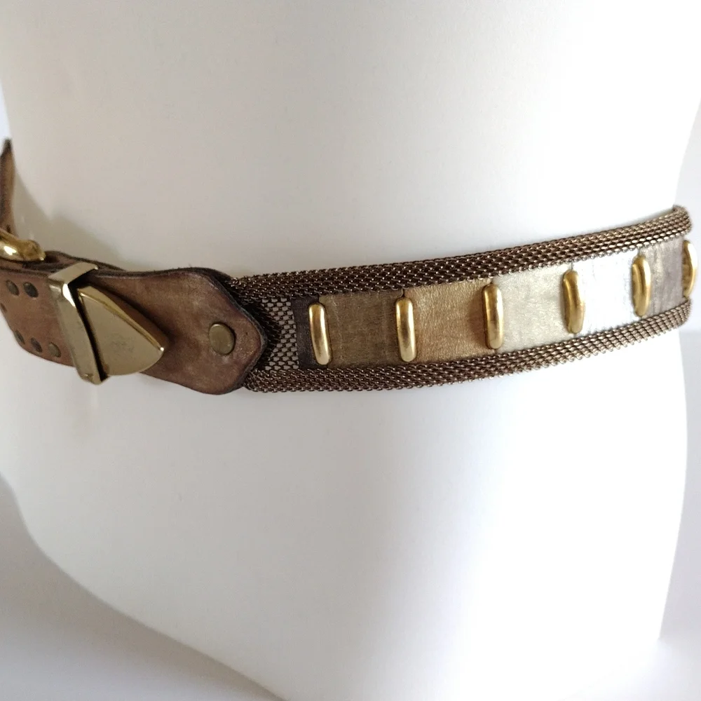 Sand Castle USA Metallic Leathers Solid Brass Buckle Mesh Belt Vintage